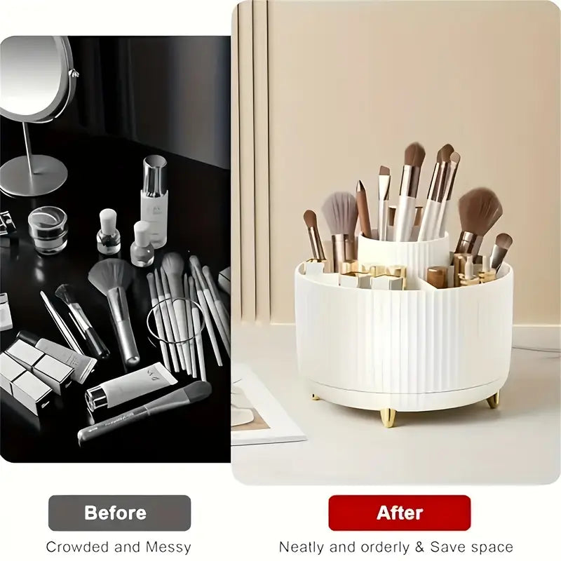 ABERZEY 360° Rotating Makeup Organizer – 5-Compartment Luxury Plastic Caddy