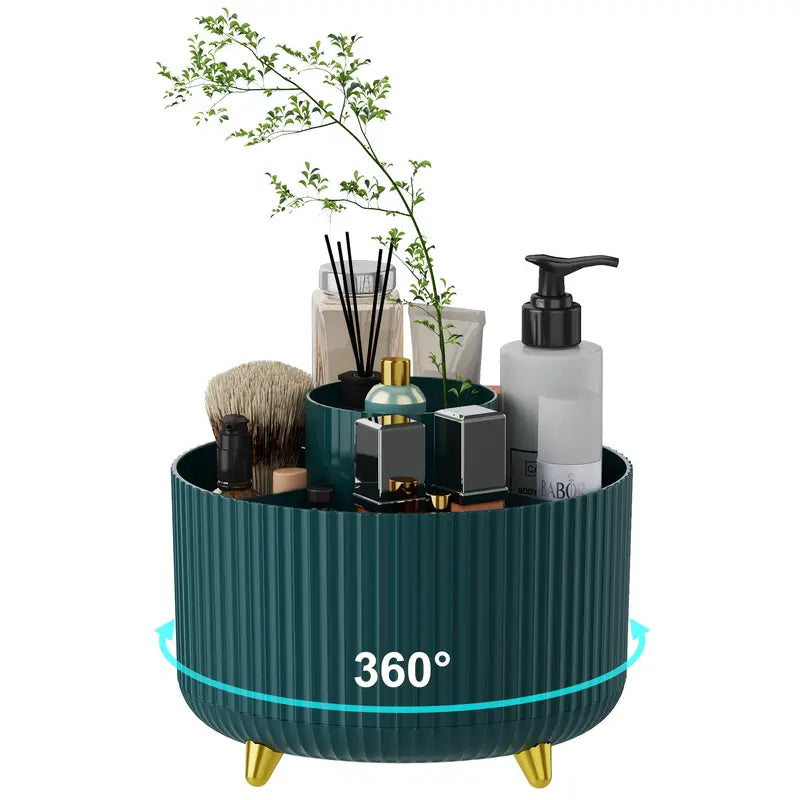 ABERZEY 360° Rotating Makeup Organizer – 5-Compartment Luxury Plastic Caddy