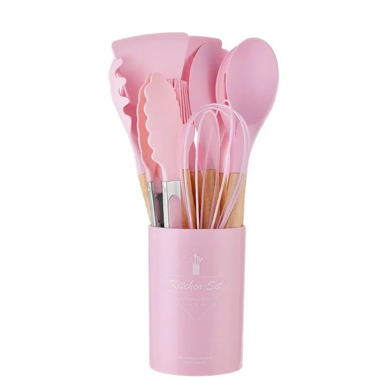 12PCS Silicone Kitchen Utensil Set – Non-Stick Cooking Tools with Wooden Handles, Heat-Resistant & Eco-Friendly Spatulas, Whisks, and More