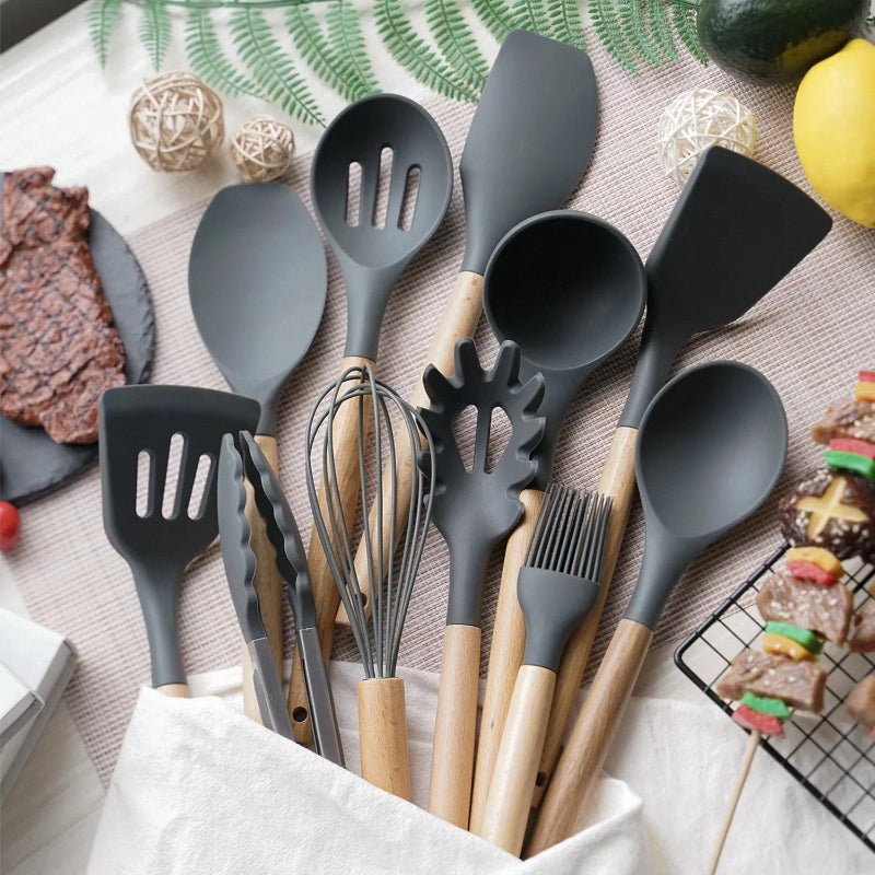 12PCS Silicone Kitchen Utensil Set – Non-Stick Cooking Tools with Wooden Handles, Heat-Resistant & Eco-Friendly Spatulas, Whisks, and More