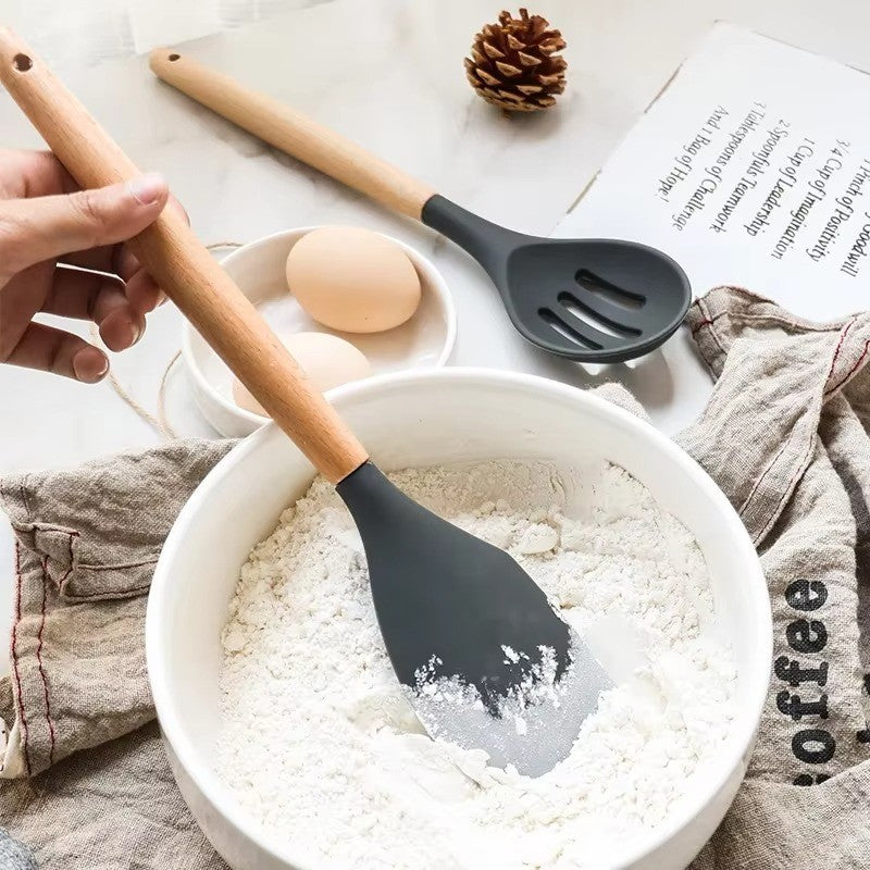 12PCS Silicone Kitchen Utensil Set – Non-Stick Cooking Tools with Wooden Handles, Heat-Resistant & Eco-Friendly Spatulas, Whisks, and More