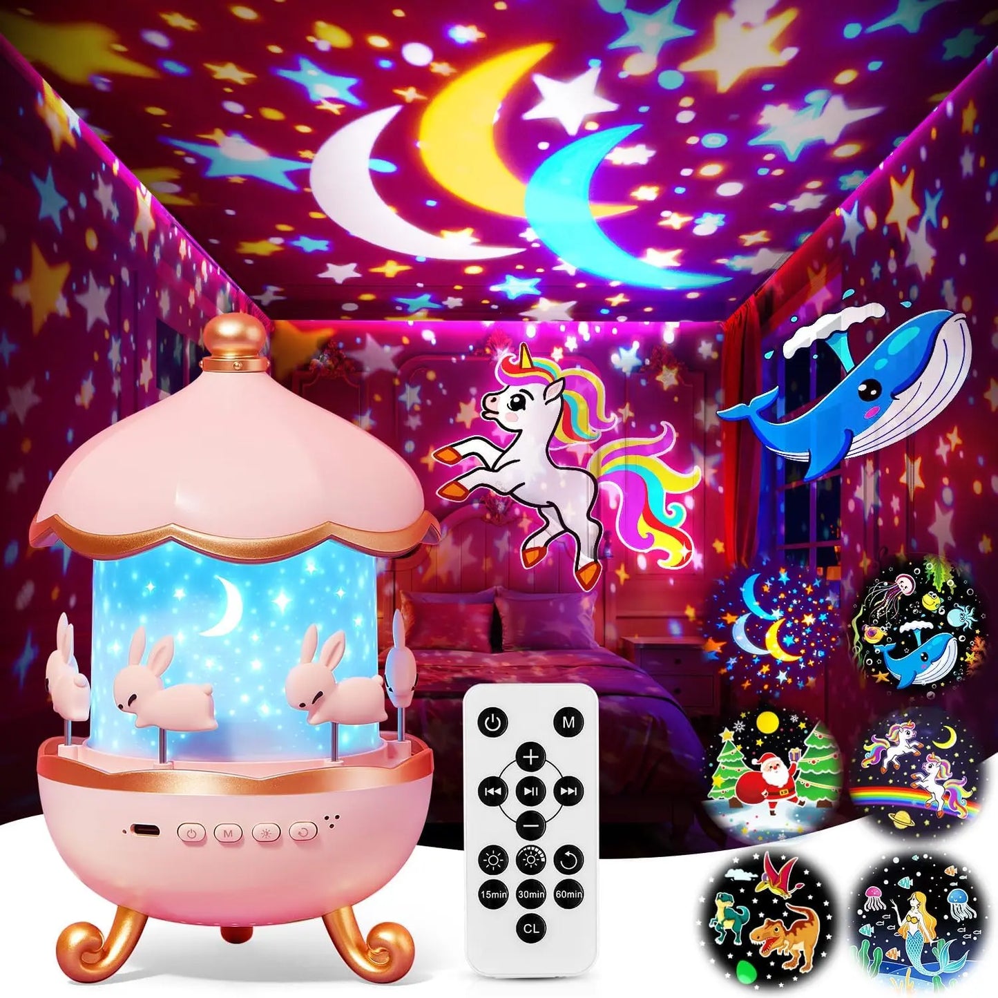 LED Carousel Star Projector Night Light – A unisex Whimsical Gift for kids مصباح ليلي دوّار LED على شكل دائري – هدية خيالية ساحرة للأطفال