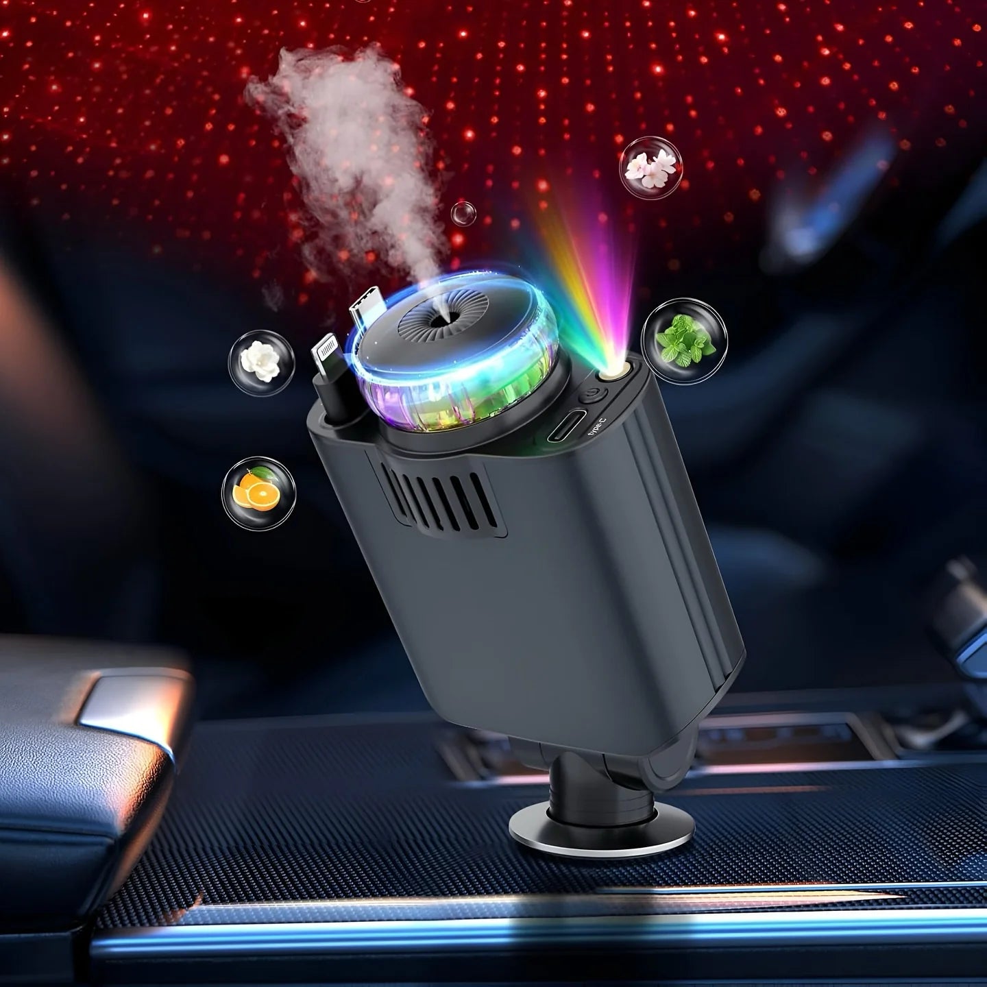 5-in-1 Retractable USB C Car Charger with Aromatherapy & Starlight – Fast Car Charging Adapter