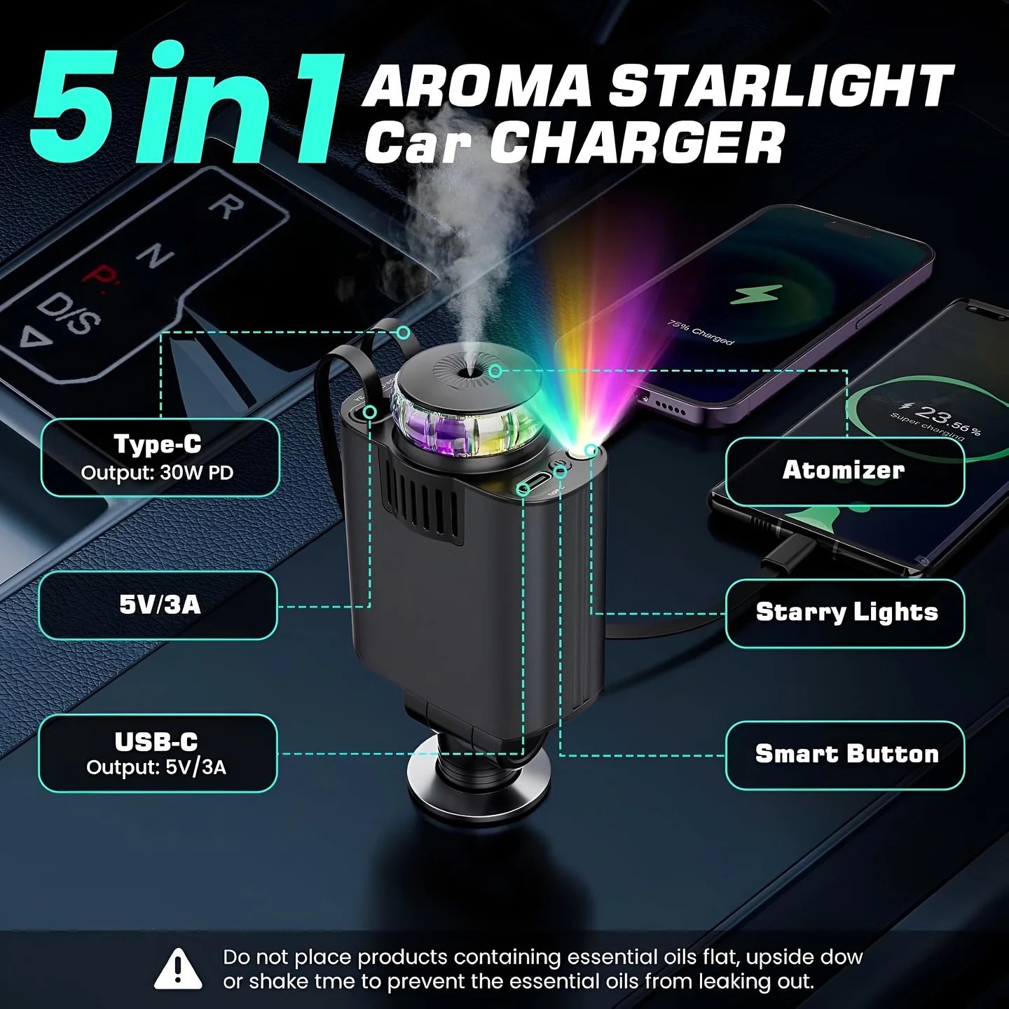 5-in-1 Retractable USB C Car Charger with Aromatherapy & Starlight – Fast Car Charging Adapter