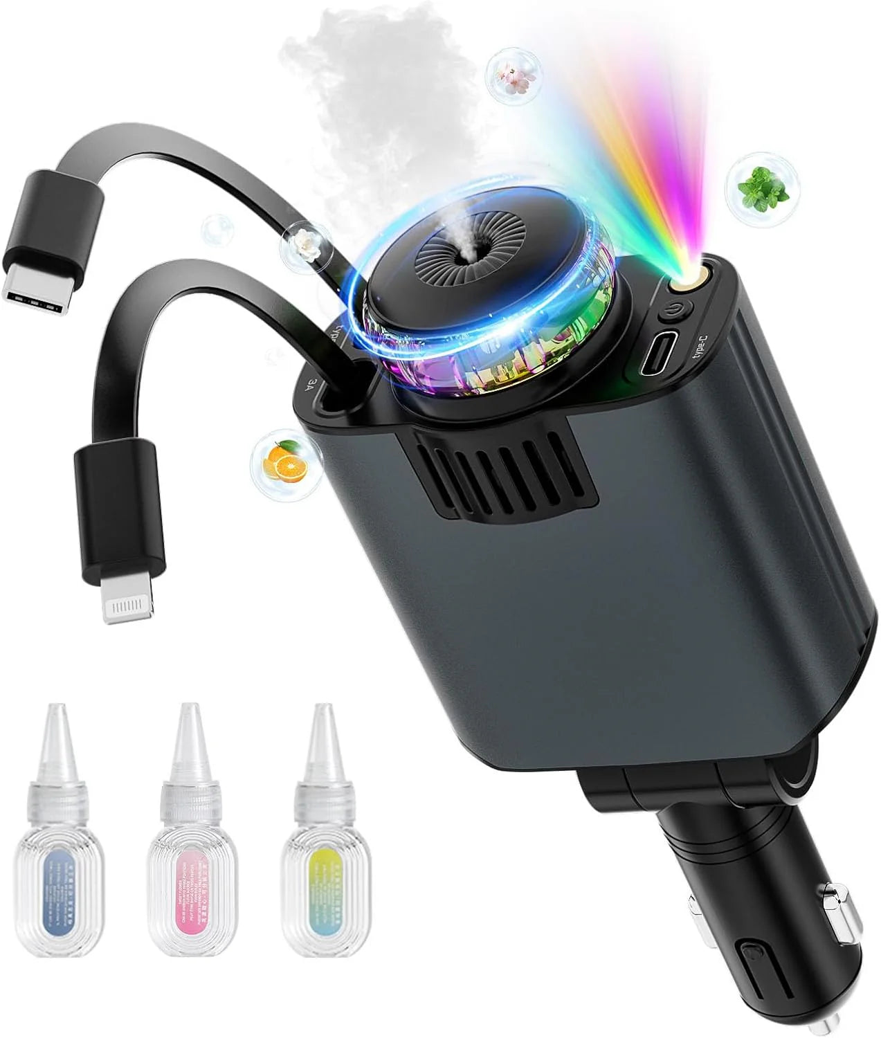 5-in-1 Retractable USB C Car Charger with Aromatherapy & Starlight – Fast Car Charging Adapter