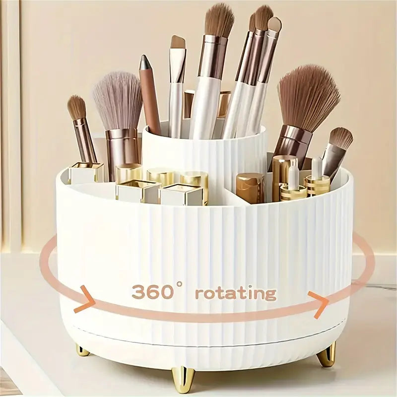 ABERZEY 360° Rotating Makeup Organizer – 5-Compartment Luxury Plastic Caddy
