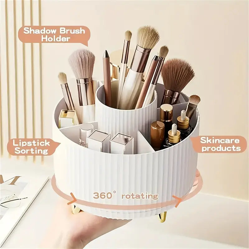 ABERZEY 360° Rotating Makeup Organizer – 5-Compartment Luxury Plastic Caddy