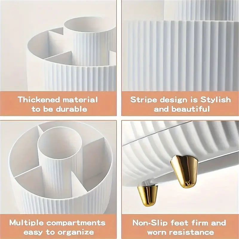 ABERZEY 360° Rotating Makeup Organizer – 5-Compartment Luxury Plastic Caddy