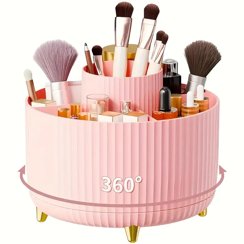 ABERZEY 360° Rotating Makeup Organizer – 5-Compartment Luxury Plastic Caddy