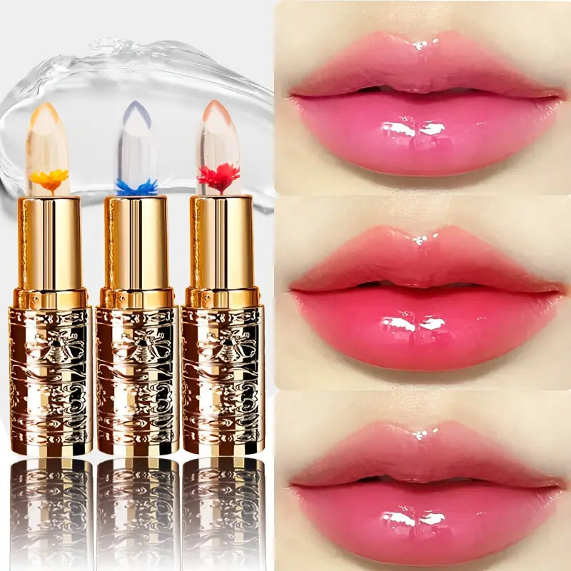 3PCS Color-Changing Crystal Gel Lipstick Set | Flower-Shaped, Moisturizing, Long-Lasting & Non-Sticky | Pink Tones for Natural Look