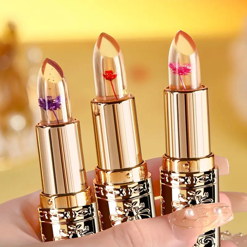 3PCS Color-Changing Crystal Gel Lipstick Set | Flower-Shaped, Moisturizing, Long-Lasting & Non-Sticky | Pink Tones for Natural Look