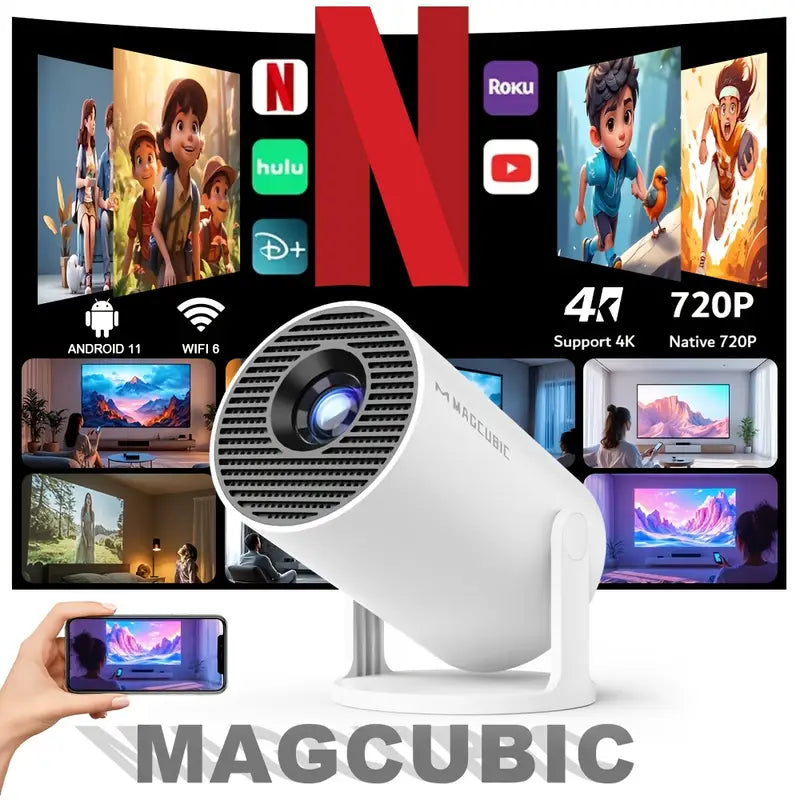 Magcubic HY300 Pro Android 11 Mini Projector | 4K Support, Built-in Speakers, Smart TV, Wi-Fi, Low Noise | Portable Home Theater with 3.3m Screen, EU Plug, 1280x720P HD