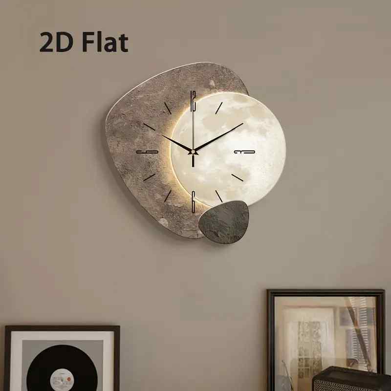 Modern Creative 2D Moon Wall Clock – Silent Quartz, Wooden Design