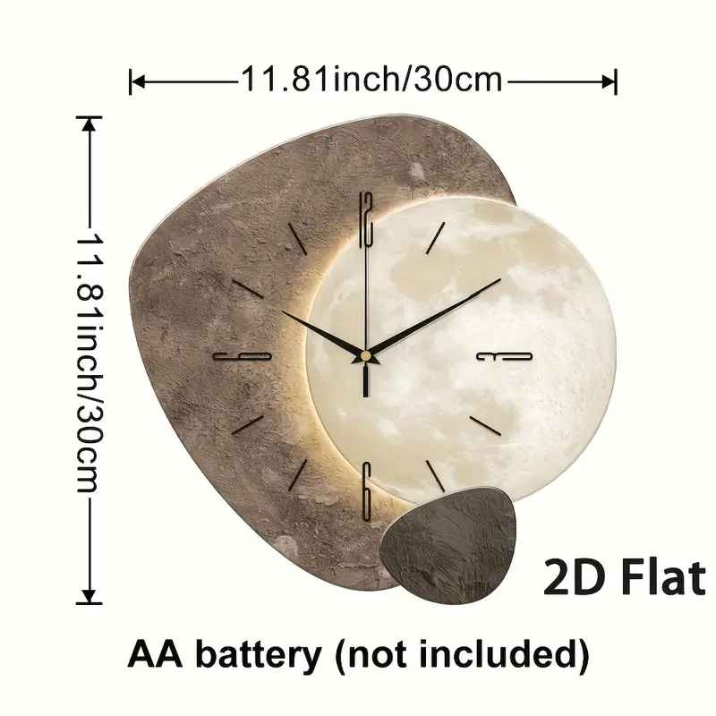 Modern Creative 2D Moon Wall Clock – Silent Quartz, Wooden Design