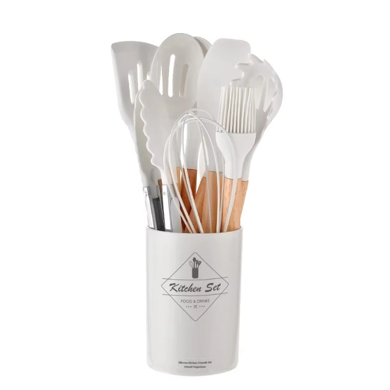 12PCS Silicone Kitchen Utensil Set – Non-Stick Cooking Tools with Wooden Handles, Heat-Resistant & Eco-Friendly Spatulas, Whisks, and More
