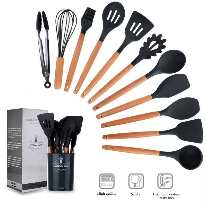 12PCS Silicone Kitchen Utensil Set – Non-Stick Cooking Tools with Wooden Handles, Heat-Resistant & Eco-Friendly Spatulas, Whisks, and More