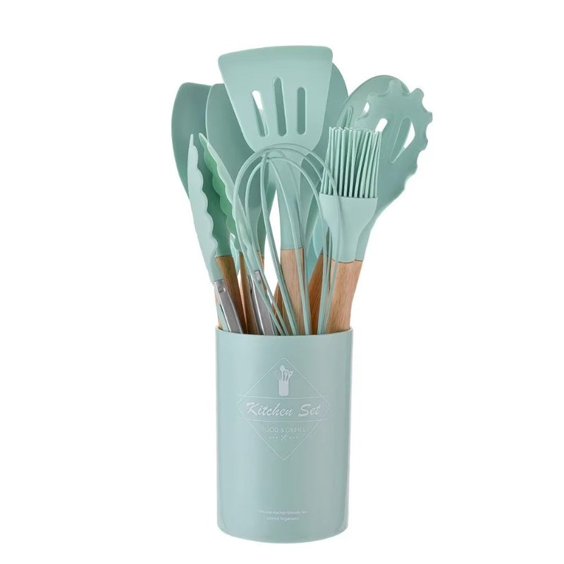 12PCS Silicone Kitchen Utensil Set – Non-Stick Cooking Tools with Wooden Handles, Heat-Resistant & Eco-Friendly Spatulas, Whisks, and More