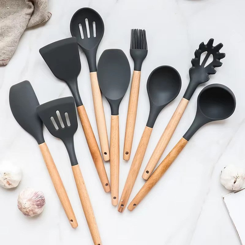 12PCS Silicone Kitchen Utensil Set – Non-Stick Cooking Tools with Wooden Handles, Heat-Resistant & Eco-Friendly Spatulas, Whisks, and More