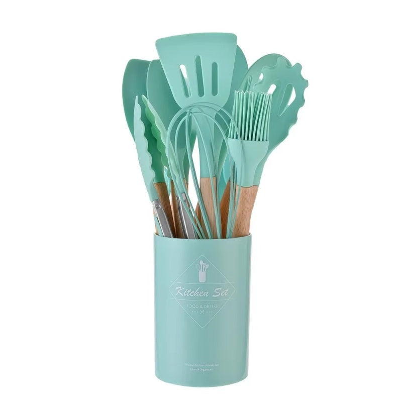 12PCS Silicone Kitchen Utensil Set – Non-Stick Cooking Tools with Wooden Handles, Heat-Resistant & Eco-Friendly Spatulas, Whisks, and More