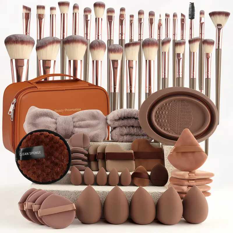 67PCS All-in-One Makeup Brush Set – Brown Face & Eye Brushes, Sponges, Powder Puff, Headband & Travel Kit