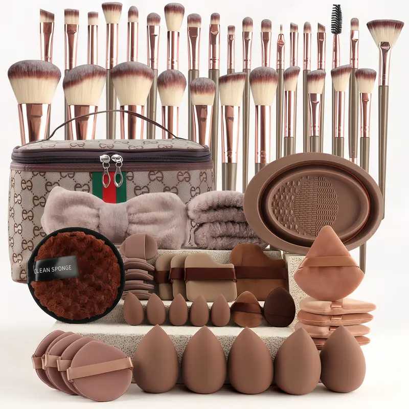 67PCS All-in-One Makeup Brush Set – Brown Face & Eye Brushes, Sponges, Powder Puff, Headband & Travel Kit