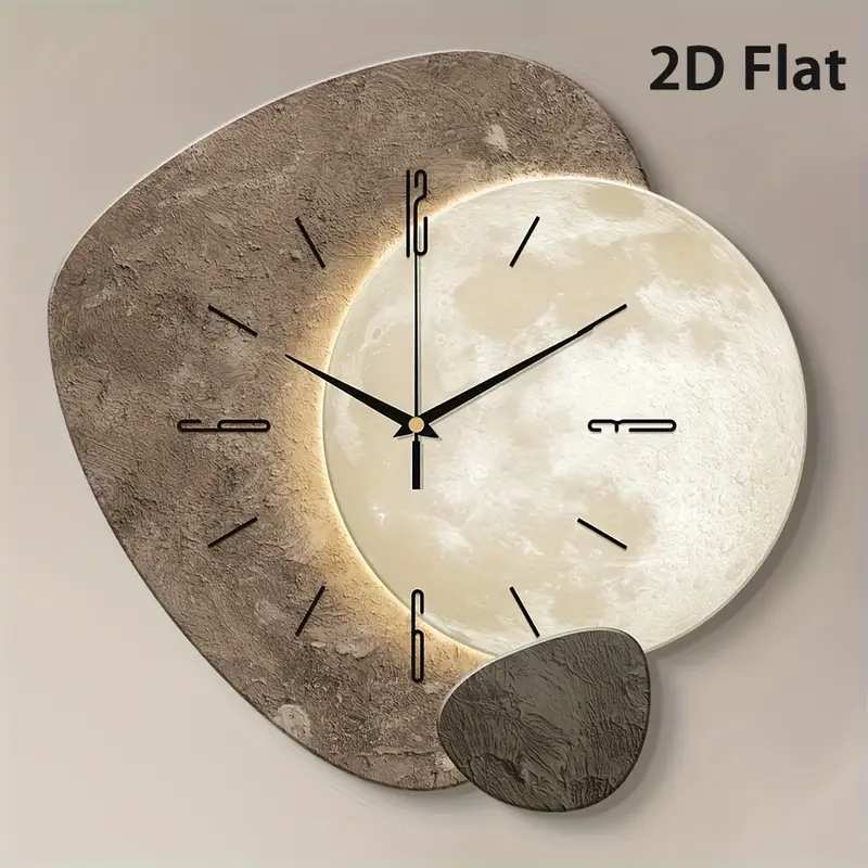Modern Creative 2D Moon Wall Clock – Silent Quartz, Wooden Design