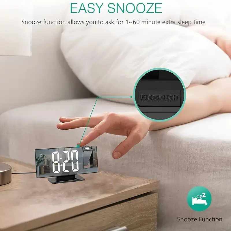 180° Adjustable LED Projection Alarm Clock – USB Powered, HD Display, Mirror Surface, Night Mode – Ideal Gift for Bedroom, Home, Office (Black)
