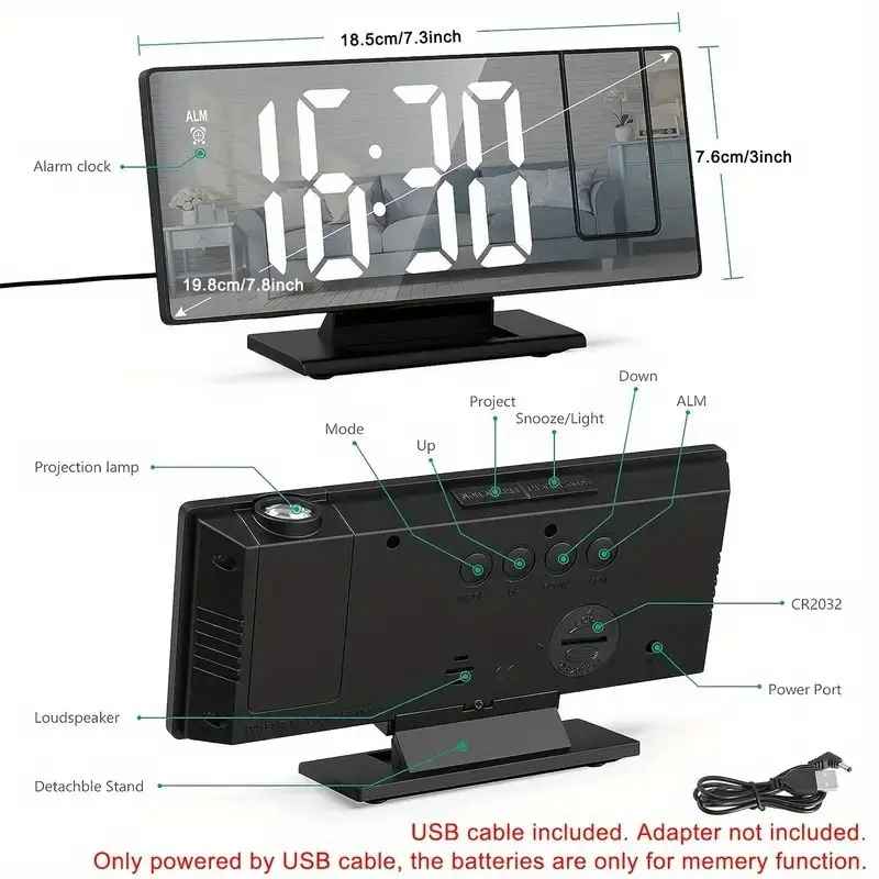180° Adjustable LED Projection Alarm Clock – USB Powered, HD Display, Mirror Surface, Night Mode – Ideal Gift for Bedroom, Home, Office (Black)