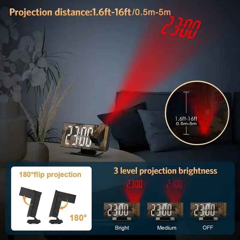 180° Adjustable LED Projection Alarm Clock – USB Powered, HD Display, Mirror Surface, Night Mode – Ideal Gift for Bedroom, Home, Office (Black)