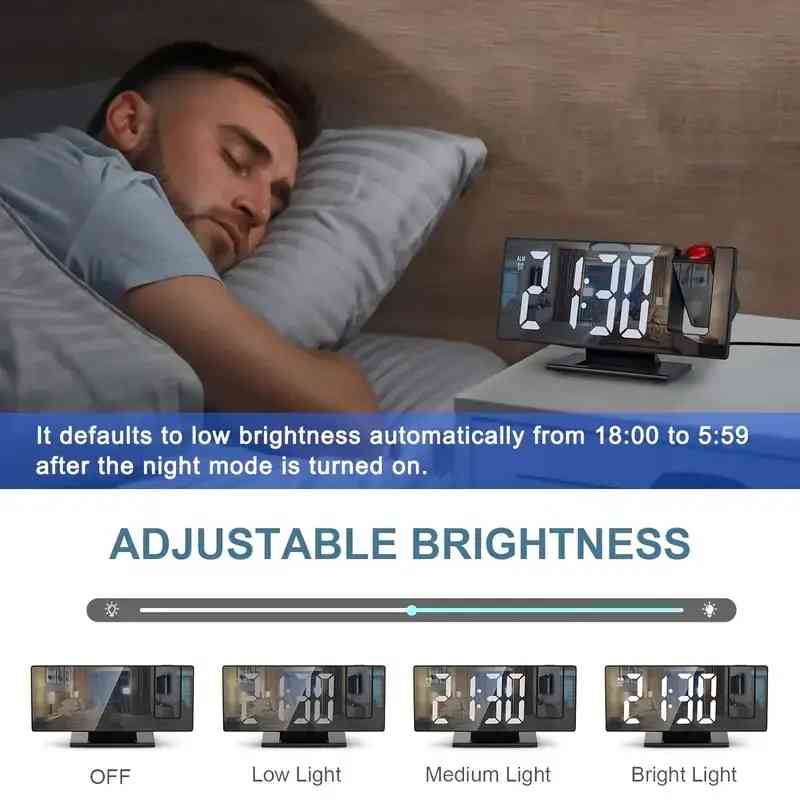 180° Adjustable LED Projection Alarm Clock – USB Powered, HD Display, Mirror Surface, Night Mode – Ideal Gift for Bedroom, Home, Office (Black)