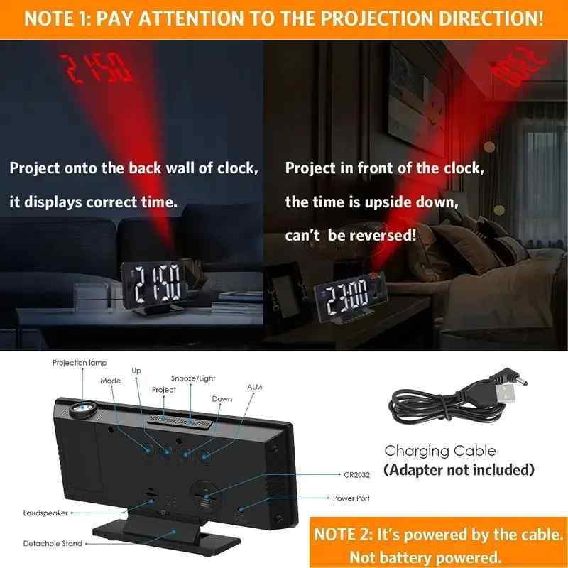 180° Adjustable LED Projection Alarm Clock – USB Powered, HD Display, Mirror Surface, Night Mode – Ideal Gift for Bedroom, Home, Office (Black)