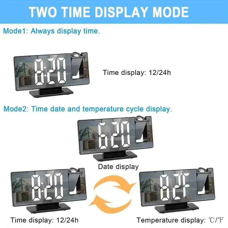 180° Adjustable LED Projection Alarm Clock – USB Powered, HD Display, Mirror Surface, Night Mode – Ideal Gift for Bedroom, Home, Office (Black)