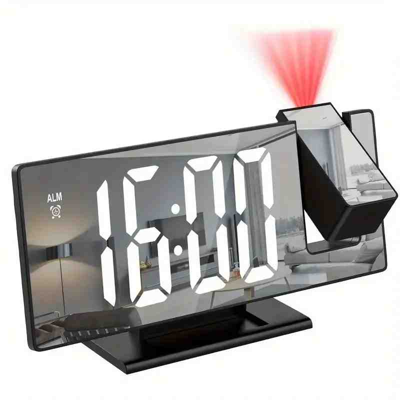 180° Adjustable LED Projection Alarm Clock – USB Powered, HD Display, Mirror Surface, Night Mode – Ideal Gift for Bedroom, Home, Office (Black)