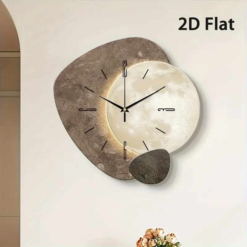 Modern Creative 2D Moon Wall Clock – Silent Quartz, Wooden Design