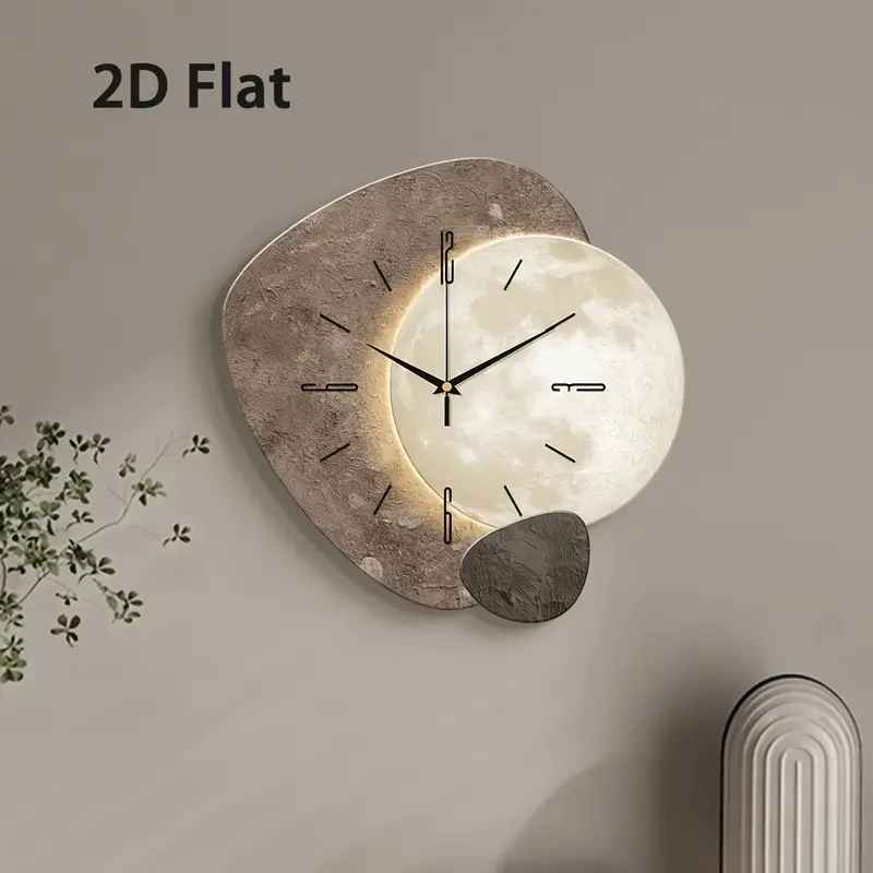 Modern Creative 2D Moon Wall Clock – Silent Quartz, Wooden Design