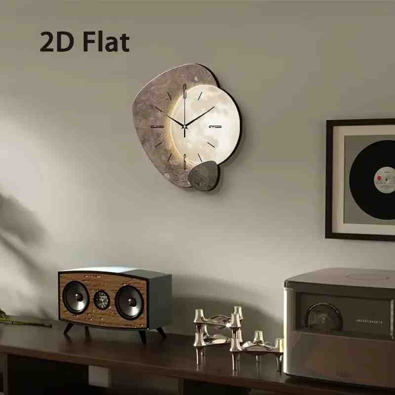 Modern Creative 2D Moon Wall Clock – Silent Quartz, Wooden Design
