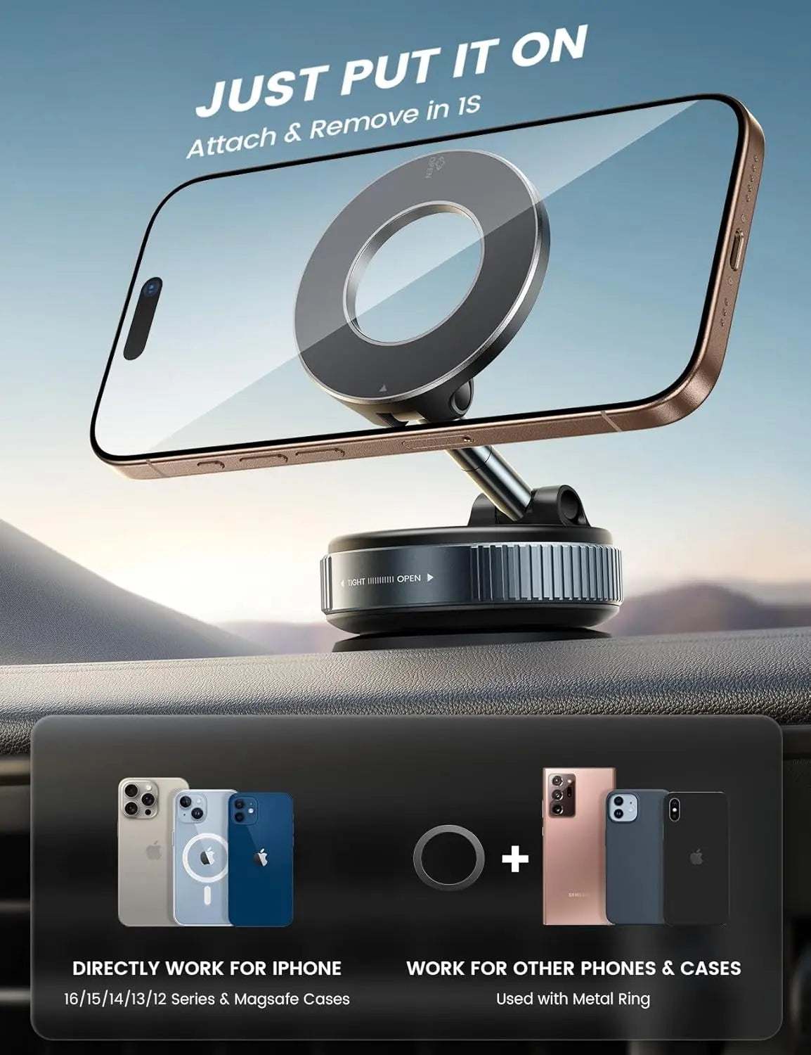 360° Rotating Magnetic Phone Holder – Foldable, Extendable | Strong Back Magnet | iPhone 16/15/14/12 Compatible | ABS | Black