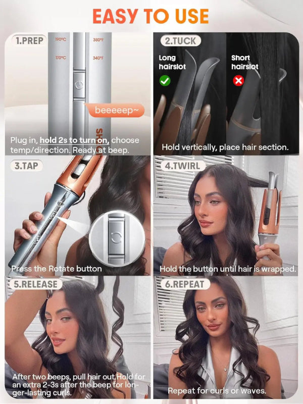 Instructions for using a hair styling tool with images of a woman and text on an orange background.