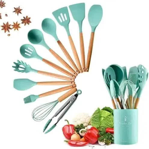 12PCS Silicone Kitchen Utensil Set – Non-Stick Cooking Tools with Wooden Handles, Heat-Resistant & Eco-Friendly Spatulas, Whisks, and More