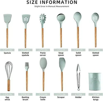 12PCS Silicone Kitchen Utensil Set – Non-Stick Cooking Tools with Wooden Handles, Heat-Resistant & Eco-Friendly Spatulas, Whisks, and More