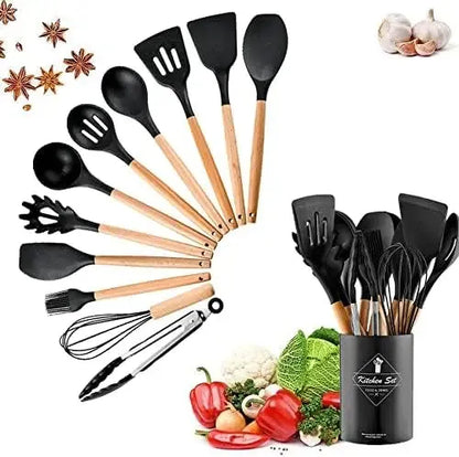 12PCS Silicone Kitchen Utensil Set – Non-Stick Cooking Tools with Wooden Handles, Heat-Resistant & Eco-Friendly Spatulas, Whisks, and More