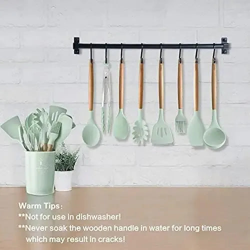 12PCS Silicone Kitchen Utensil Set – Non-Stick Cooking Tools with Wooden Handles, Heat-Resistant & Eco-Friendly Spatulas, Whisks, and More