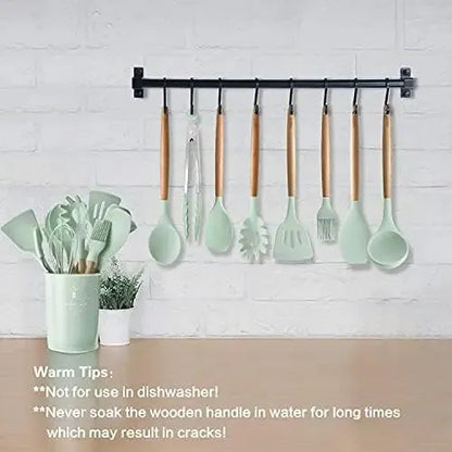 12PCS Silicone Kitchen Utensil Set – Non-Stick Cooking Tools with Wooden Handles, Heat-Resistant & Eco-Friendly Spatulas, Whisks, and More
