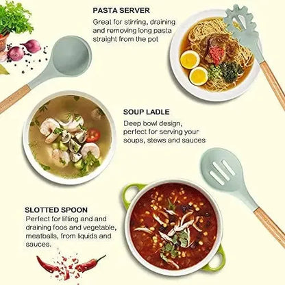 12PCS Silicone Kitchen Utensil Set – Non-Stick Cooking Tools with Wooden Handles, Heat-Resistant & Eco-Friendly Spatulas, Whisks, and More